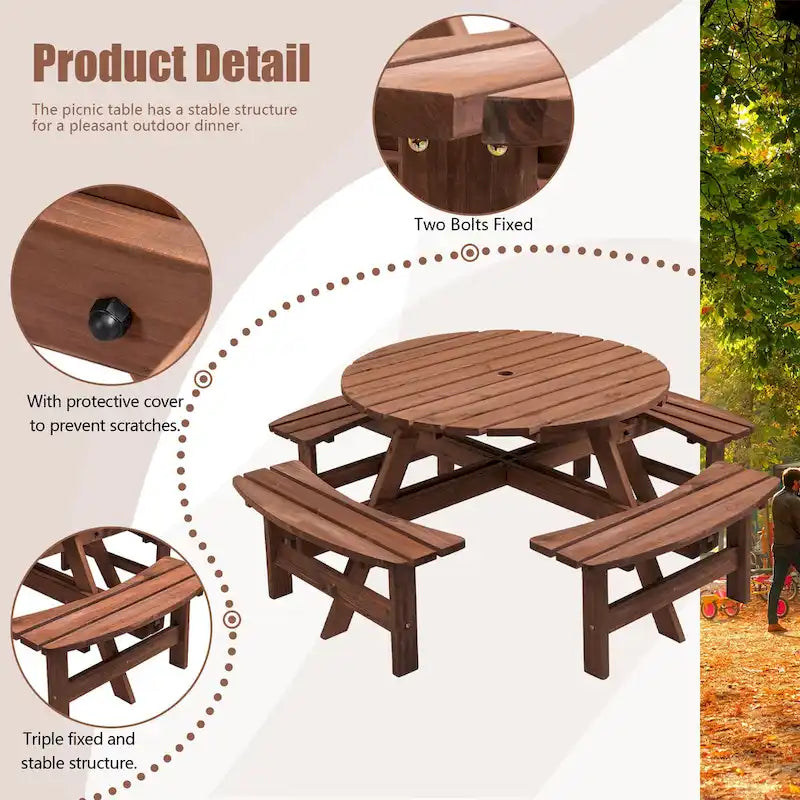 8-Person Outdoor Patio Fir Wood Round Picnic Dining Set with 4 Built-in Benches and Umbrella Hole