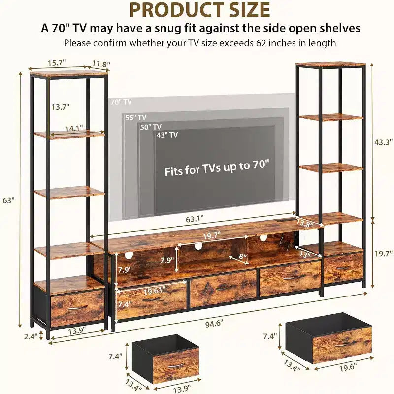 TV Stands for Living Room, LED TV Stand with Bookshelves, Farmhouse Entertainment Center for 65 in TVs, TVs Cabinet for Living Room