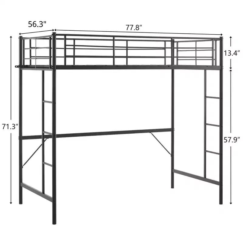 Karl Home Full Loft Bed with Stairs Metal Single Loft Bunk Bed with Safety Guard Rails and 2 Side Ladder, No Spring Box Need