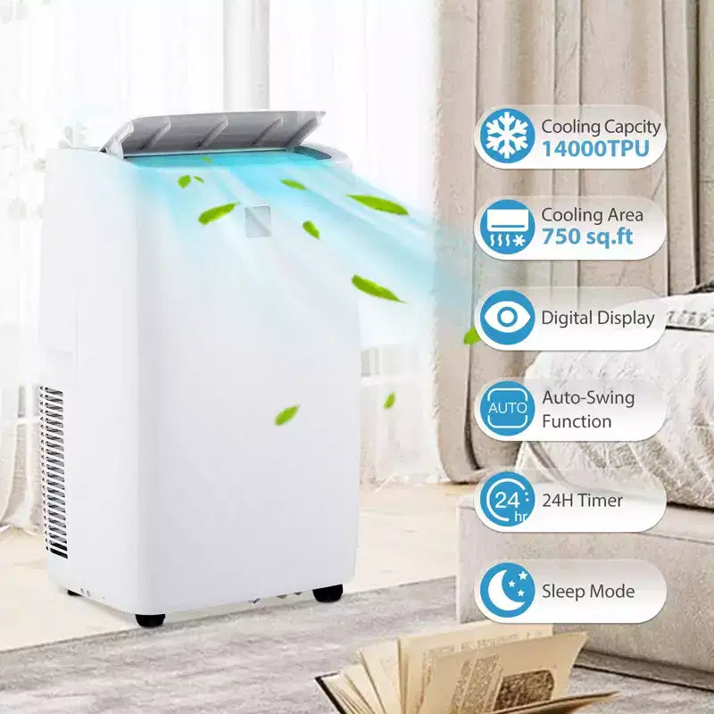 Portable Air Conditioner & Dehumidifier, 14,000 BTU for 750 Sq Ft Rooms, with Sleep Mode, Swing Fan, Timer, Remote & Window Kit