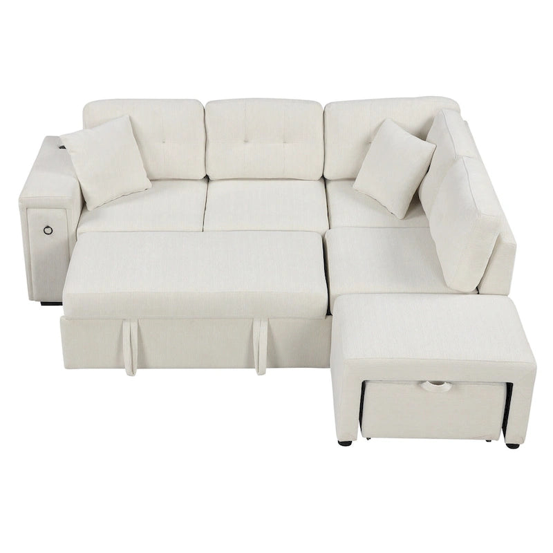 L-Shaped 4-Seat Sectional Sofa with Pull-Out Bed, Ottoman, USB Ports & Drop-Down Table