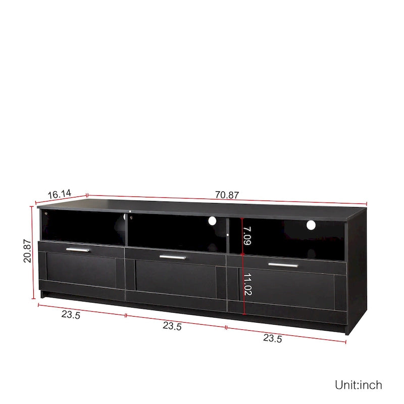 70.87 TV Stand | 3 Open Shelves & 3 Drawers | Black | High-Density Board | Fits 80 TV