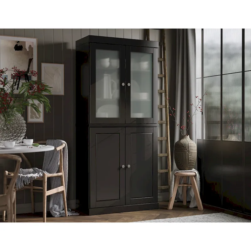 Armoire de rangement 100 % bois massif avec portes en verre dépoli, portes pleines, 2 tiroirs et étagères réglables.