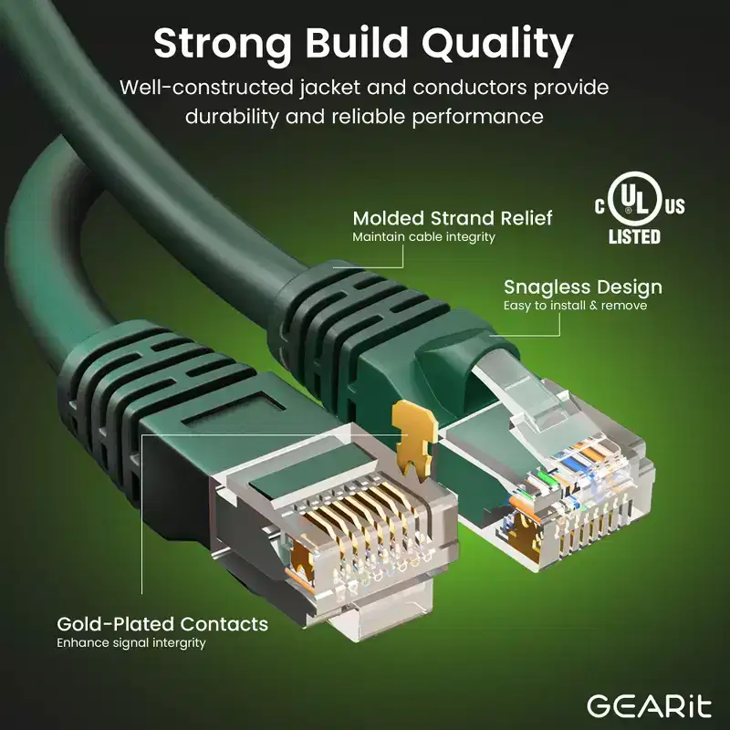 GEARit Cat6 Ethernet Patch Cable - Snagless RJ45, Stranded, 550Mhz, UTP, Pure Bare Copper Wire, 24AWG - Green - 15ft