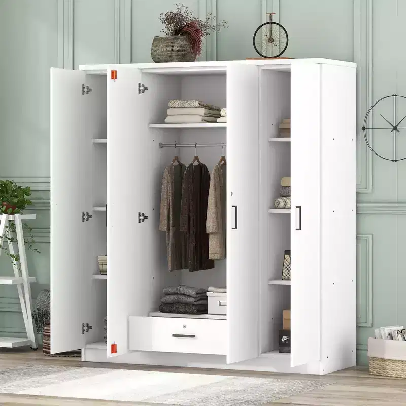 Armoire-penderie en bois à 4 portes avec tringle, 1 tiroir et étagères de rangement