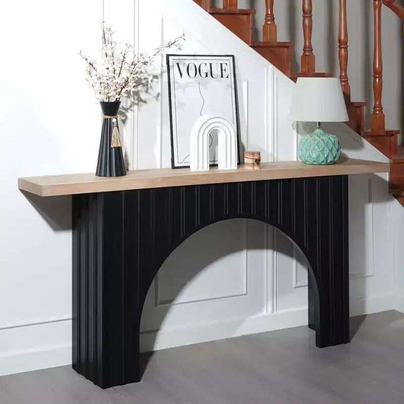 Okak 66IN Minimalist Console Table with Wooden Tabletop, Modern Entry Table with Arch Base, Accent Table for Entryway, Living Room, Black+Natural