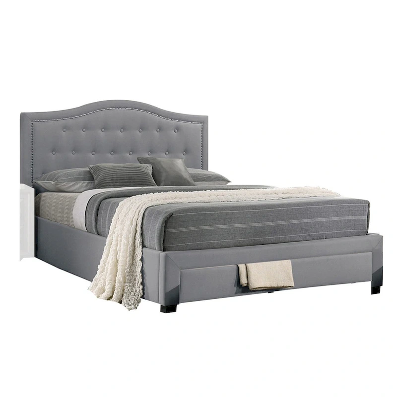 Sey California King Bed w Storage Drawer, Light Gray Burlap Upholstery