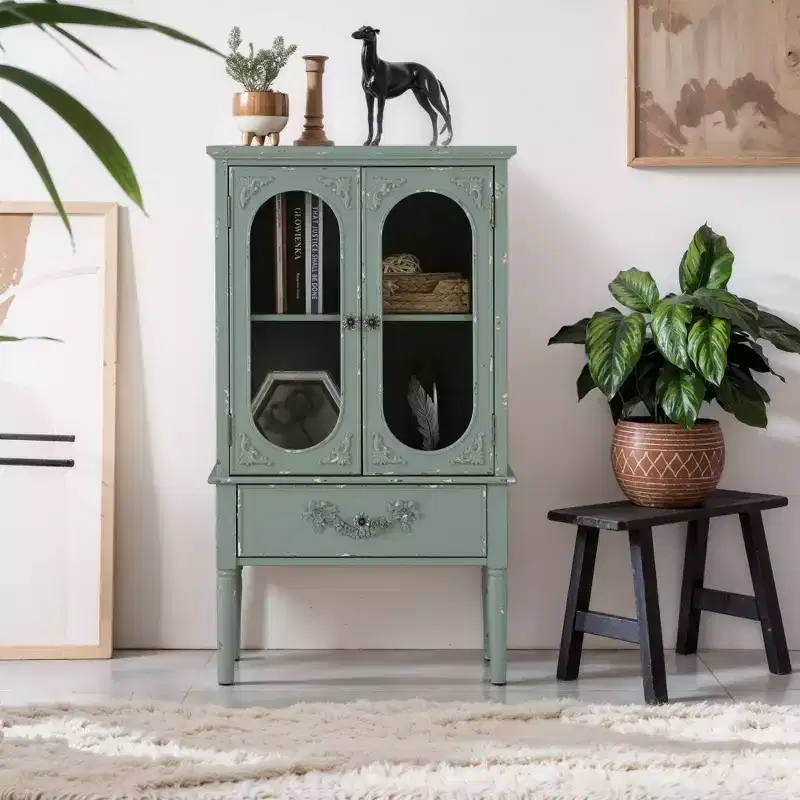 Antique Mint Green Accent Cabinet with 2 Glass Doors and 1 Drawer
