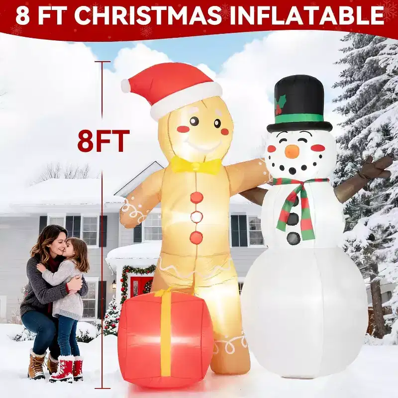 GOTGELIF 8FT Inflatable Gingerbread Man & Snowman with LED Lights Outdoor Holiday Decoration