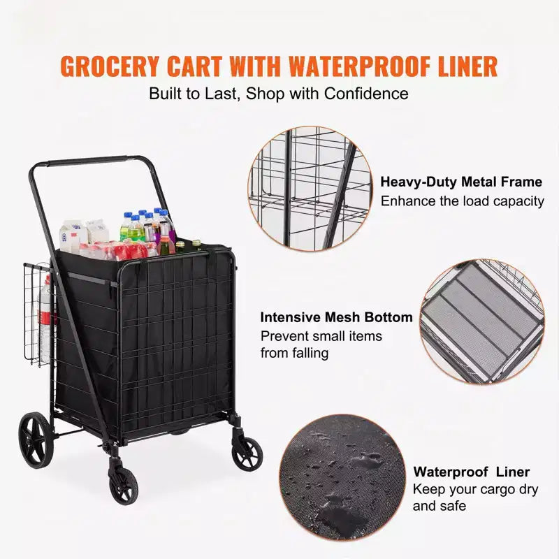 Folding Shopping Cart with Waterproof Liner Dual Baskets and 360 Swivel Wheels 210 lb Capacity