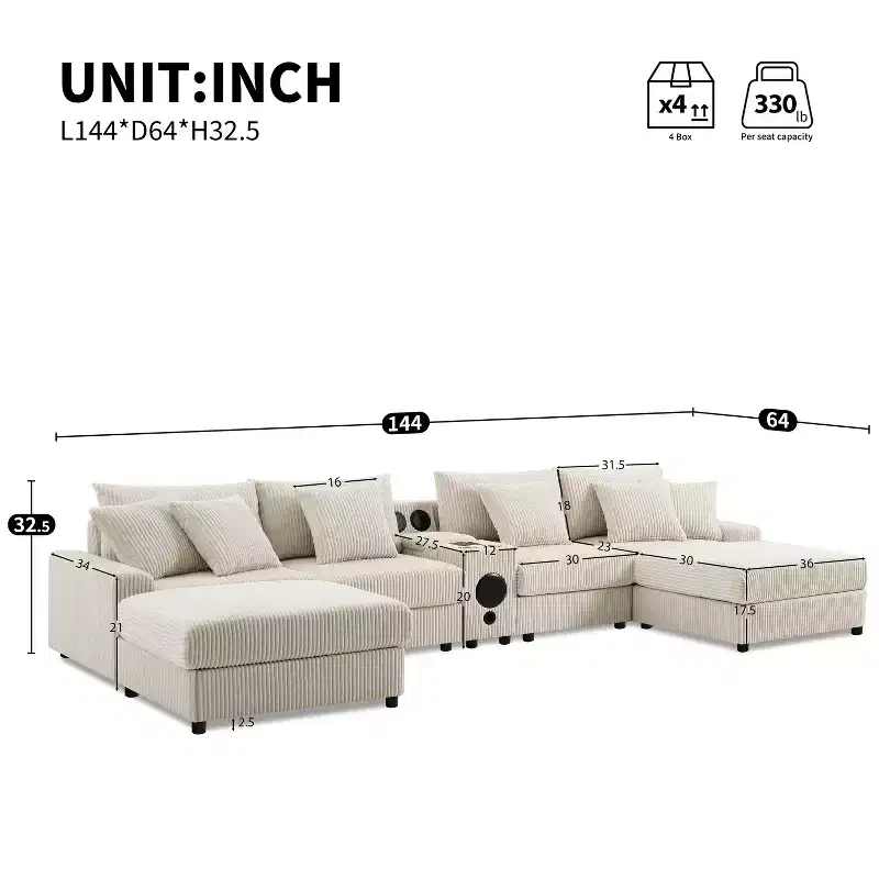 Modular Corduroy Sectional Sofa with Ottoman, Bluetooth Speaker, Cup Holders, Wireless Charging, Storage Armrest, 6 Seats