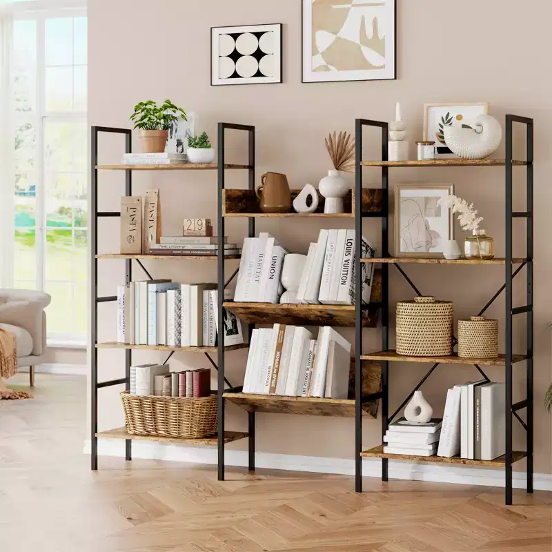 Bookshelf, 4-tier bookcase with 11 open display shelves, rustic industrial style bookshelf for bedroom, living room and home office