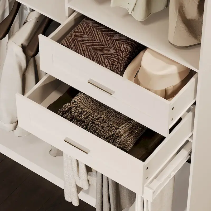 Armoire d'angle avec 2 tringles, un porte-pantalons et un meuble de rangement pour chaussures