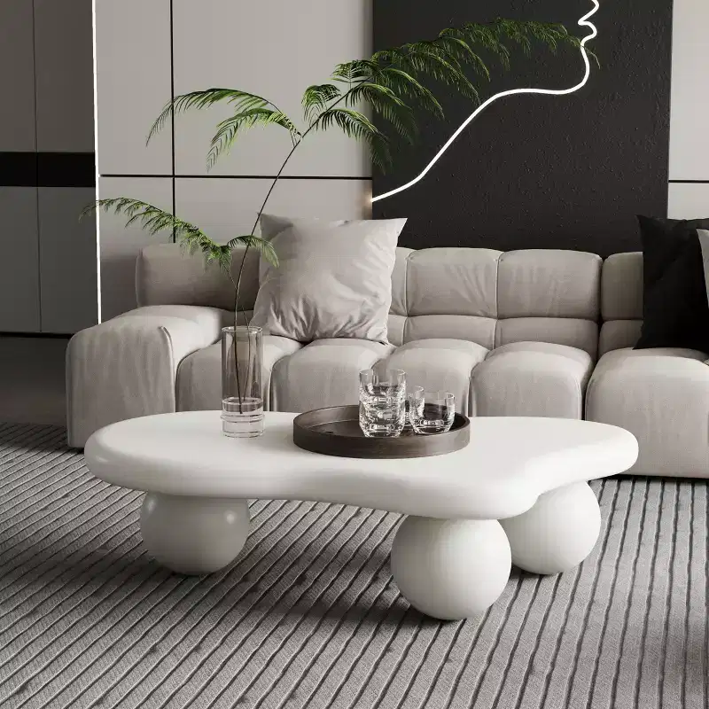 40 Cloud Coffee Table with Ball Legs, Modern Irregular Center Table for Living Room, Cream White