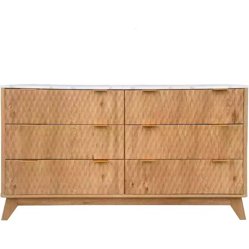 Modern 6 Drawer Dresser with Faux Marble Top, Fluted Curved Design Storage Cabinet, TV Stand for Up to 55 Inch TV, Anti-Tip Sturdy Unit