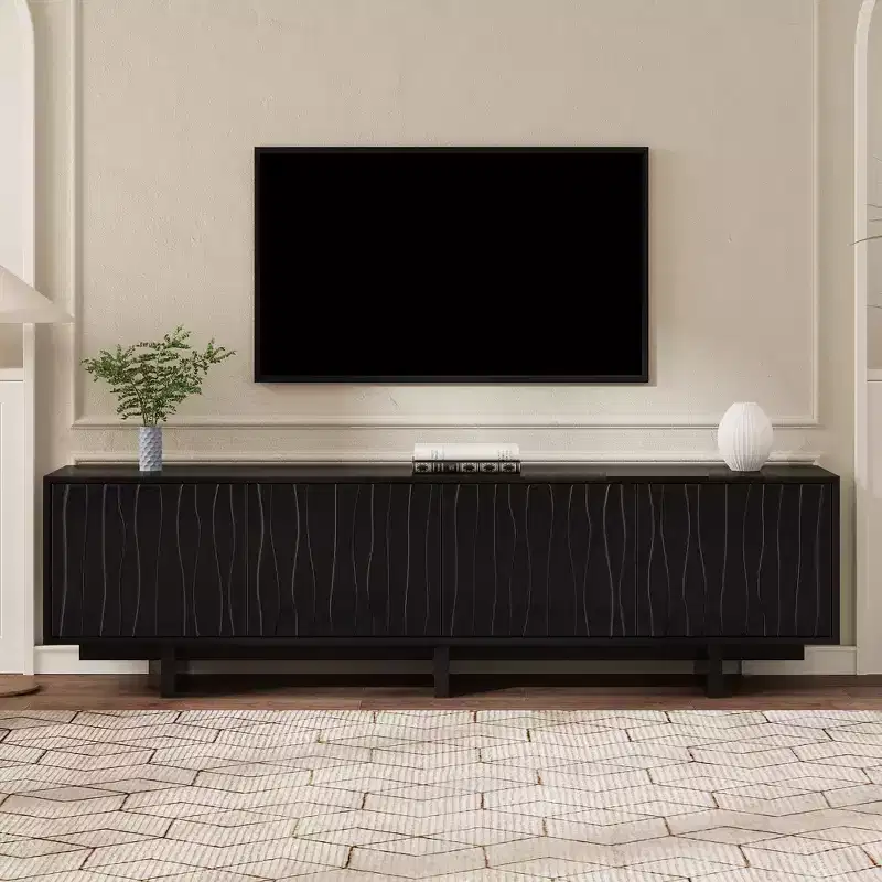 70in TV Stand for TVs up to 75, Retro Style Wood Grain TV Stand with Wavy Door Design, Media Console with Spacious Dual-Cabinet Storage