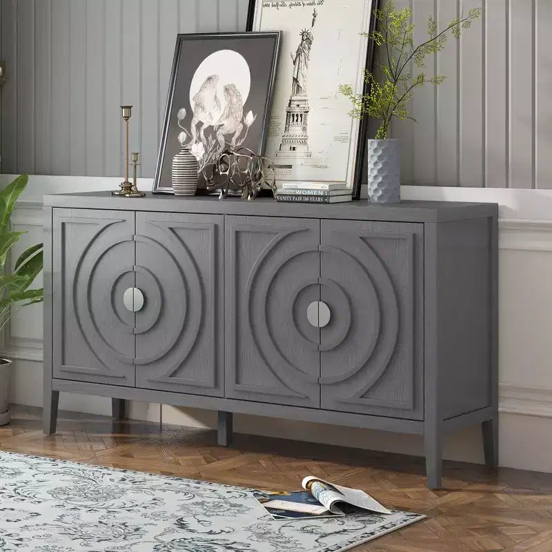 Retro Sideboard Door with Circular Groove Design Round Metal Door Handle for Entrance Dining Room Gray