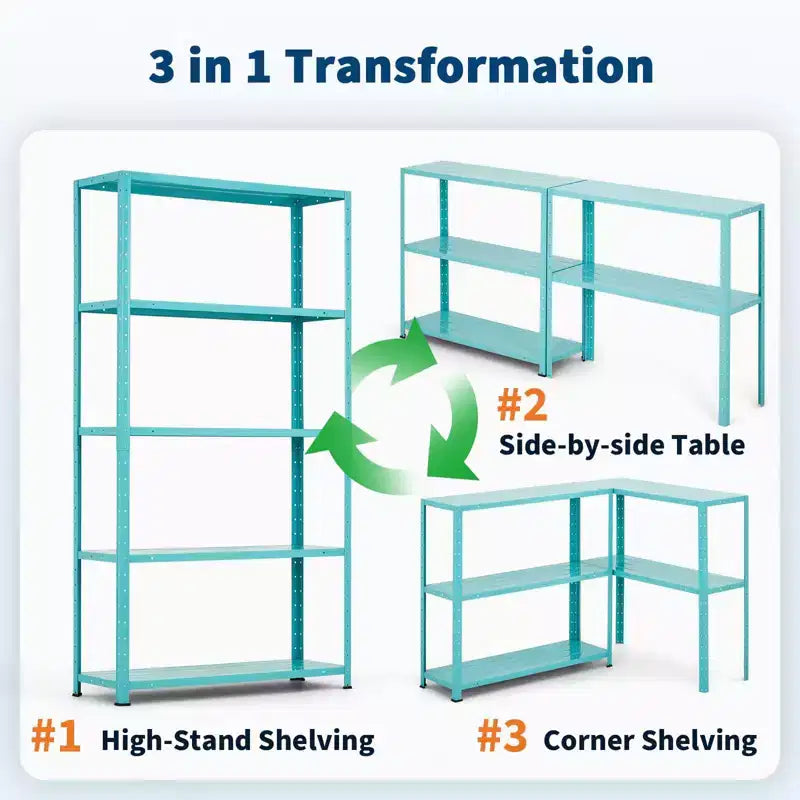5-Tier Adjustable Storage Shelf, Metal Bookshelf with 500lb Capacity for Home, Garage, or Pantry, 35W x 68H x 12D - Green