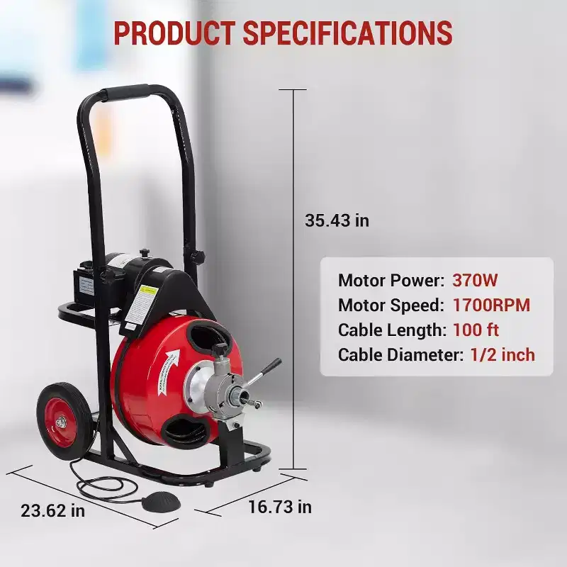 100 FT x 1/2 Drain Cleaner Machine with 370W Motor,Auto Feed Portable Sewer Snake Auger,8 Cutters,Air-activated Foot Switch for 1 to 4 Pipes