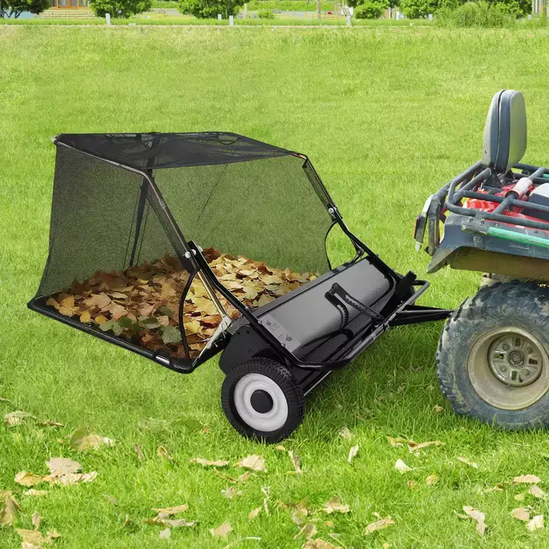 VEVOR Tow Behind Lawn Sweeper, 48 in Pull Behind Yard Sweeper, 26 cu. ft Hopper Bag Capacity, Leaf & Grass Collector with Dumping Rope, Black