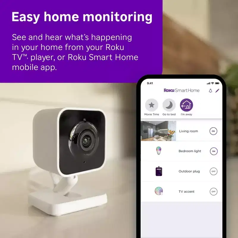 Roku Indoor Camera - Home Security - Wired Security Camera with 1080p HD Color Night Vision, WDR & Wi-Fi 6