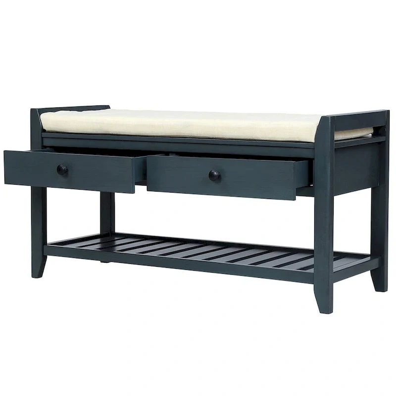 Wooden Storage Bench with Shoe Rack and Drawers