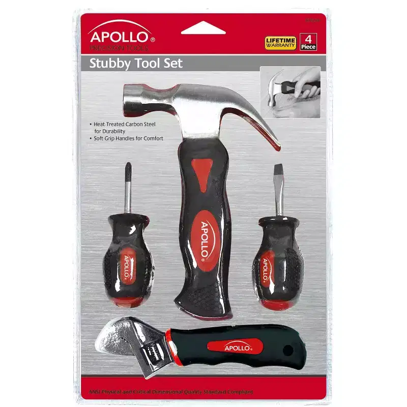 Apollo Tools 4pc DT0240 Stubby Set Red: Small Tool Set with Screwdriver, Wrench & Hammer, Comfort-Grip, Easy Storage