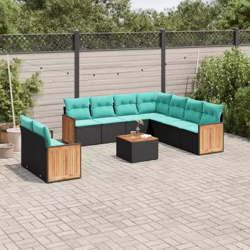 vidaXL 10 Piece Patio Sofa Set with Cushions Black Poly Rattan