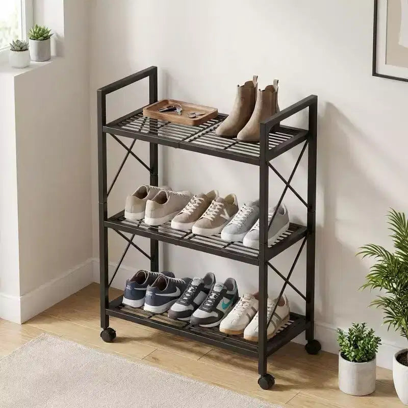 3-Tier Metal Storage Rack with Wheels, 23.6 in Rolling Mesh Shelving Unit for Kitchen Bathroom Entryway, Black