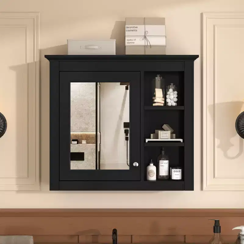 FAMYYT 30 in. W x 28 in. H Rectangular MDF Board Surface Mount Bathroom Medicine Cabinet with Mirror, Open Shelves