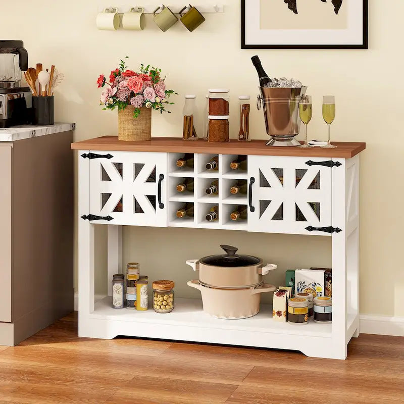 Farmhouse White Wood Buffet Storage Cabinet with Wine Rack and Open Shelving