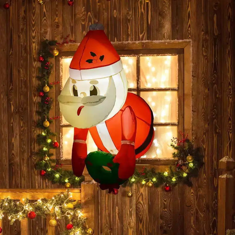 Outsunny 3ft Inflatable Santa Holding Wreath, Lean Out from Window Outdoor Decoration w/ LED Lights, Ideal for Holiday Party Garden