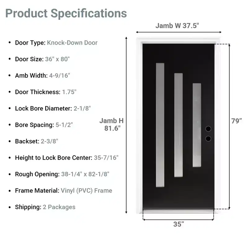 MooxvMoo 36x80 Inch Exterior Door Left Hand Inswing, Knock-Down Entry Doors with 4-9/16 Vinyl Frame, Frosted Glass, Black Primed