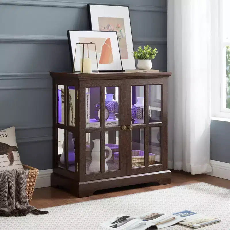 LED Antique Display Cabinet with Glass Doors, Adjustable Shelves, and Remote Control for Vintage Showcase