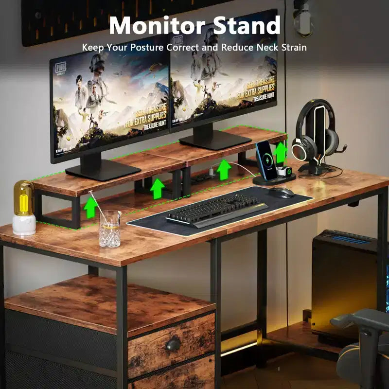 47 Inch Rustic Brown Computer Desk with Charging Station File Cabinet Home Office Gaming Desk 2 Monitor Stands Storage Drawer Shelf Writing Table