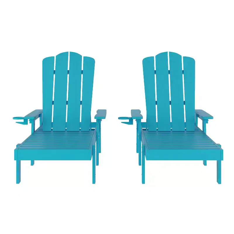 Emma and Oliver Set of 2 Recycled HDPE Adjustable Adirondack Loungers with Fold Out Cupholders for Indoor/Outdoor Use