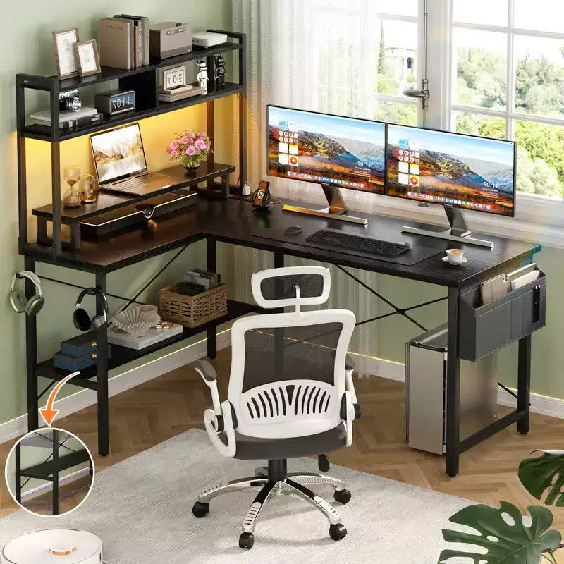 L-Shaped Computer Desk with Monitor and Hutch, Gaming Desk with Charging Station