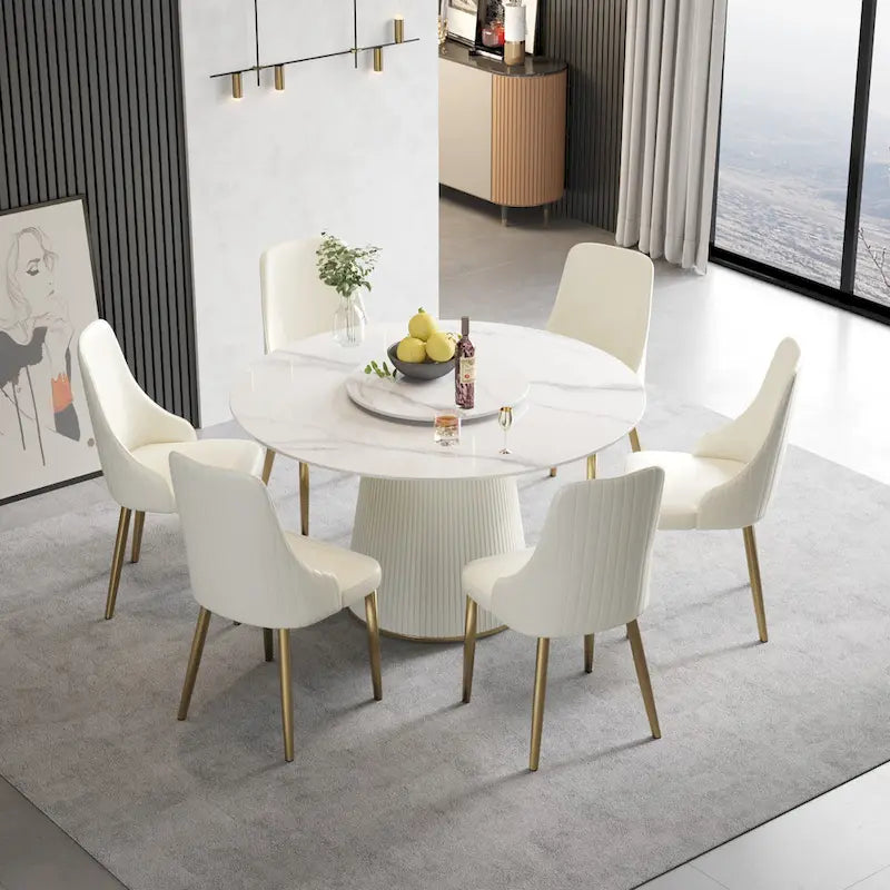 53 Round Dining Table for 6 with Sintered Stone Tabletop and Lazy Susan