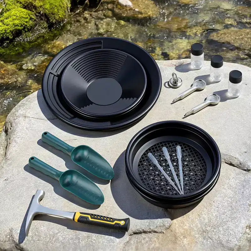 VEVOR Gold Panning Kit, 10 in and 14 in Pans, 19 PCS Portable Prospecting Equipment Kit with Classifier Sieves, Sand Magnet, Rock Pick, Black