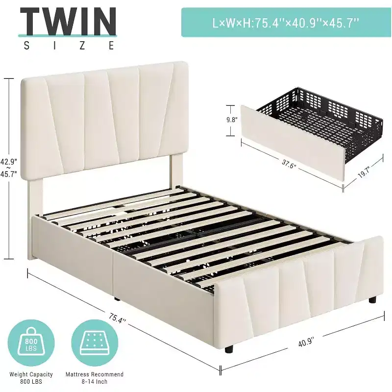 Twin Size Bed Frame with Adjustable Headboard and 2 Storage Drawers, Upholstered Platform Bed Frame with Wooden Slats Support