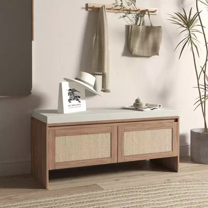 FurnitureR Rattan Shoe Storage Bench with Cushion, Compact Entryway Shoe Cabinet with Doors, Small Space Organizer, Hidden Shoe Rack with Seating