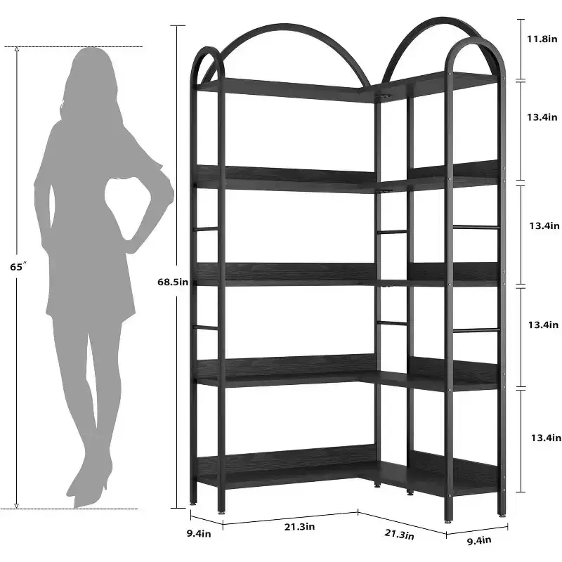 Hush Sun 5-Tier Reversible Corner Bookcase - 68.5 Industrial Bookshelf, 50LB/Shelf for Home Office