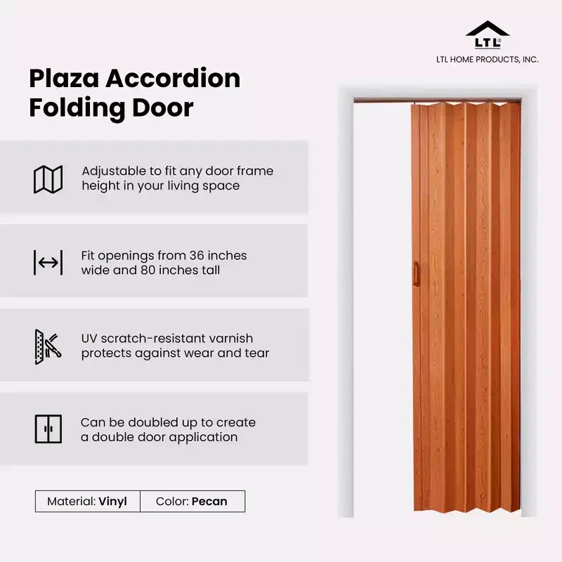 LTL Home Products Homestyle 36 x 80 Inch Plaza Pecan Vinyl Interior Folding Accordion Door with Simple Installation and Hardware Included