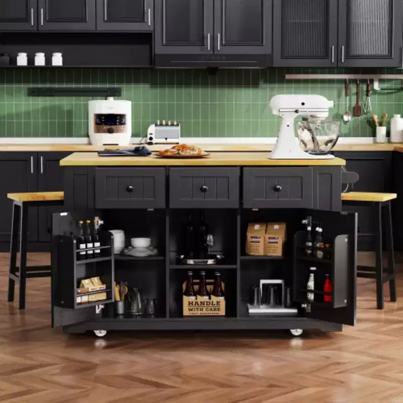 53 White Large Kitchen Island with Drop Leaf & 5 Wheels