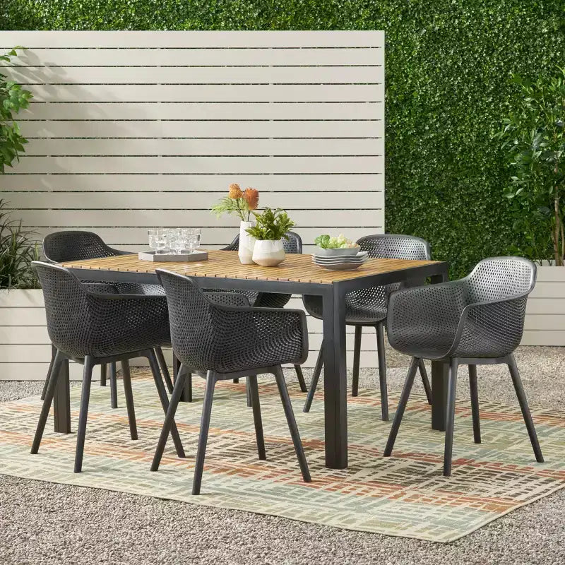 Christopher Knight Home Flora Outdoor Acacia Wood and Resin 7 Piece Dining Set, Black and Teak