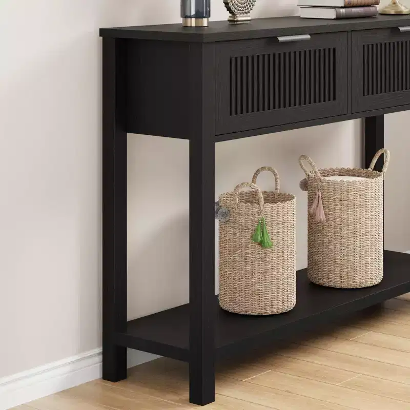 COZONY 43 Fluted Console Table with Burlywood 2 Drawers, 2-Tier Wooden Entryway Sofa Table