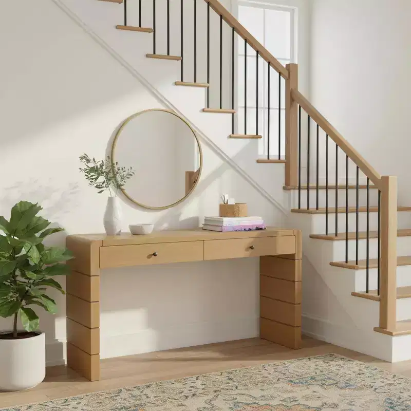 Console Table with 2 Storage Drawers & Solid Panel Base – Oak