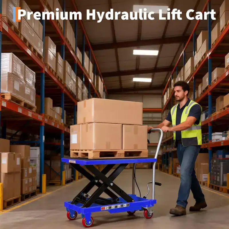 Hydraulic Lift Table Cart,330lbs Capacity 50 Lifting Height , Non-Slip Pad, 4 Wheels & Reflective Strips,for Material Handling & Transportation