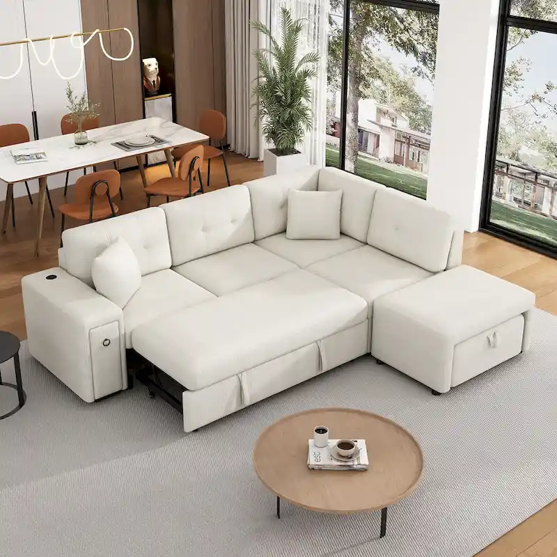 L-Shaped 4-Seat Sectional Sofa with Pull-Out Bed, Ottoman, USB Ports & Drop-Down Table