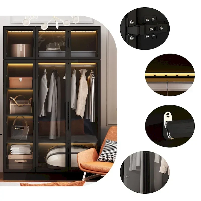 Armoire de rangement avec éclairage LED et portes entièrement vitrées, style dressing.